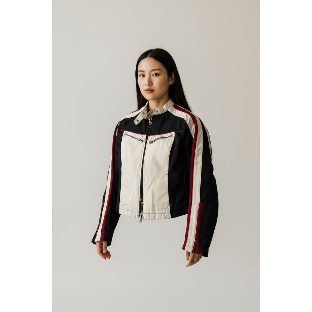 Vintage Tommy Hilfiger Denim Racing Biker Jacket Black White Red